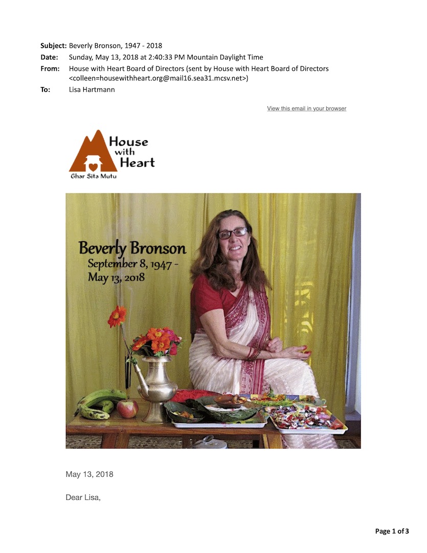 beverley's passing announcement letter